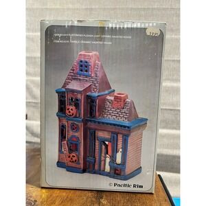 Vtg 1995 Pacific Rim Ceramic Haunted House Halloween Decor Flicker Light w/ Box